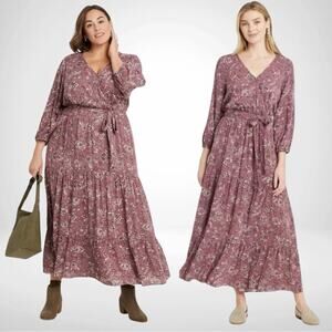 Ladies Boho Chic Dusty Purple Floral Faux Wrap Dress, Maxi / Midi - Medium